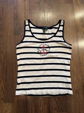 Ralph Lauren Striped Tank Top Nautical Navy & White Anchor Embroidery